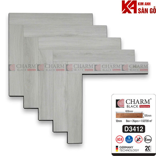 Sàn Gỗ Xương Cá 12mm Charm Cốt Đen D3412